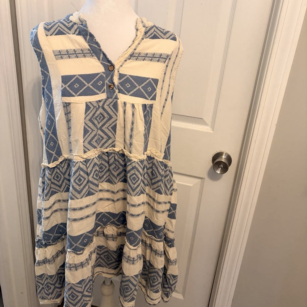 Civico 51 Lab Italy Boho Tiered Sleeveless Shift Dress Blue White Aztec Size‎ XL